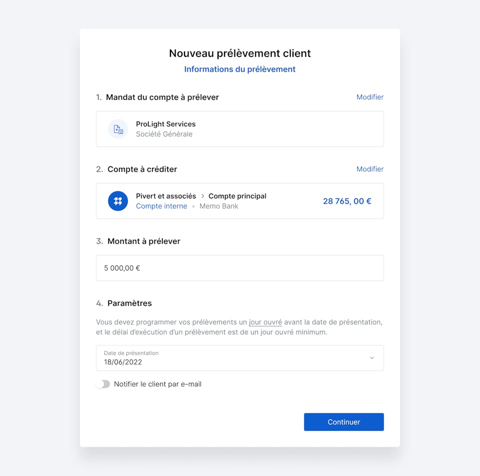 Interface de création des encaissement par prélèvement.